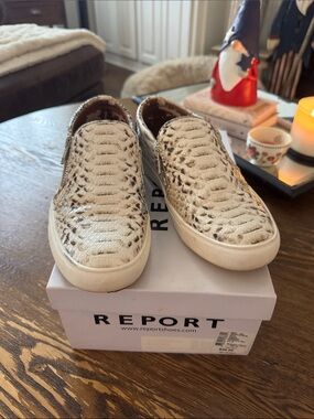 REPORT Cream Snakeskin Slip-On Sneakers with Brown Accents